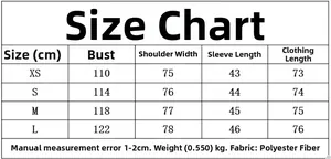 Detailed size chart for women's flowy jacket with bust, shoulder and length dimensions