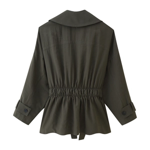 Women's dark olive green autumn jacket with waist drawstring and wide lapel collar