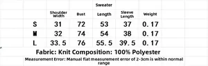 Größentabelle für Damen Rippstrickpullover mit S, M, L Maßen und Stoffzusammensetzung
