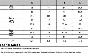 Detailed size chart for faux suede jacket showing dimensions for XS, S, M, and L sizes