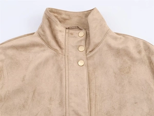 Detail view of the khaki faux suede jacket featuring a stand collar and gold metal buttons