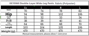 Tabella taglie per pantaloni a gamba larga con misure di vita, fianchi e lunghezza