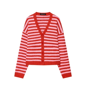 Gilet en maille rayé à col en V pour femme avec rayures horizontales rouges et roses