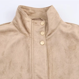 Women's khaki faux suede jacket with stand collar and gold buttons, premium autumn style