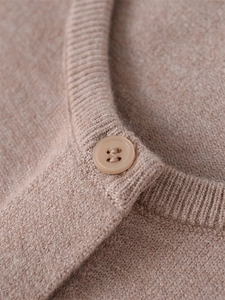 Nahaufnahme der feinen Strickstruktur und Knopfdetails an der camelfarbenen Strickjacke