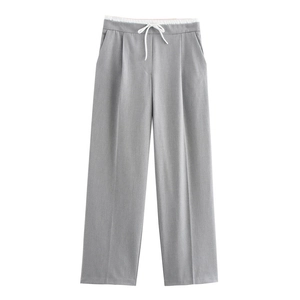 Pantaloni casual grigi da donna con coulisse bianca in vita ed elastico confortevole