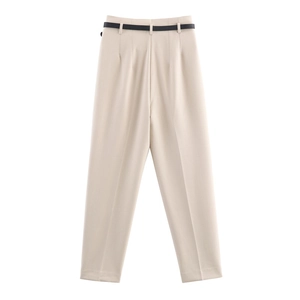 Pantaloni da donna a vita alta con gamba dritta beige e cintura sottile in pelle nera