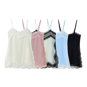 Lace trim camisole set for women in five colors including silk-like satin tops