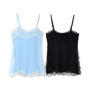 Slim fit lace camisole tops for women in light blue and black with delicate floral lace