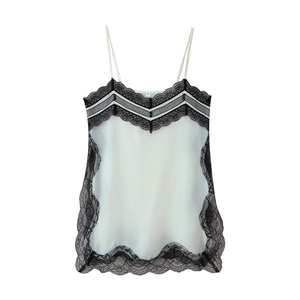Detail of V-neck camisole with black floral lace trim and striped contrast neckline