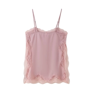 Detail of light pink lace trim on smooth camisole top with adjustable straps