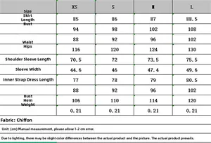 Size chart table for chiffon ruffle dress showing XS to L measurements in centimeters