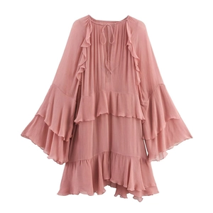 French style tie-neck tiered ruffle dress with elegant bell sleeves in dusty rose