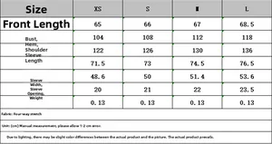Detailed size chart for women's ruffle blouse showing chest, length, and sleeve measurements