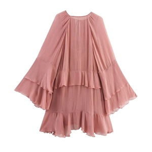 French style dusty rose chiffon mini dress with ruffle layers and flared sleeves