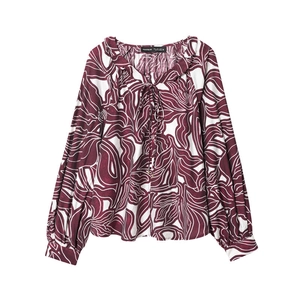 Floral ruffles neck long sleeve blouse in burgundy with abstract white flower patterns