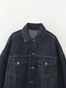 Dettagli di una giacca di jeans blu scuro con bottoni in metallo e tasche sul petto