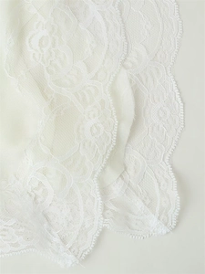 Macro shot of delicate white floral lace fabric with elegant scalloped edges