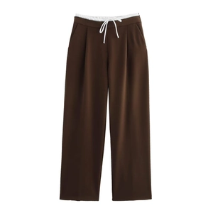 Dunkelbraune Weitbeinhose mit kontrastierendem weißem Kordelzug am Bund für Freizeitmode
