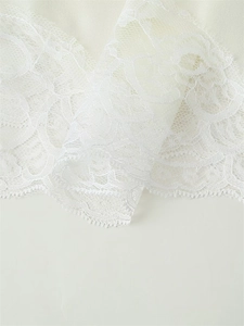 Detailed macro view of white floral lace edge and semi-transparent mesh fabric texture