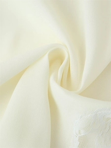 Close-up of cream textile fabric with delicate white lace mesh trim details