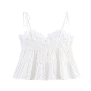 Witte camisole top met broderie anglaise, strikbandjes en gelaagde ruches aan de zoom