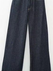Dettaglio di jeans in denim blu scuro a vita alta e gamba larga con cuciture