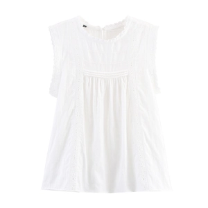 Elegantes ärmelloses weißes Baumwolltop mit Spitzenkragen und Rüschendetails für Damen