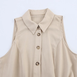 Khaki sleeveless midi shirt dress with lapel collar and marble-patterned buttons