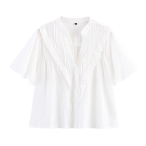 Damen Casual Weiße Baumwollmischung Bluse V Ausschnitt Hohlstickerei Spitze Kurzarm Lockerer Sitz Knopfhemd Top