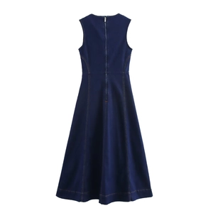 Robe midi en jean sans manches pour femme, bleu marine, coupe trapèze avec coutures contrastées