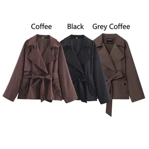 Korte trenchcoat met dubbele rij knopen voor dames in koffie, zwart en grijs-koffie