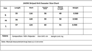 Detailed size chart for striped knit polo shirt with length, bust, and sleeve measurements
