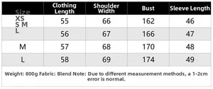 Detailed size chart for long sleeve suede jacket showing XS to L measurements in cm