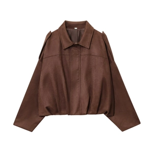 Brown faux suede jacket featuring a minimalist cropped design with stylish drop shoulders
