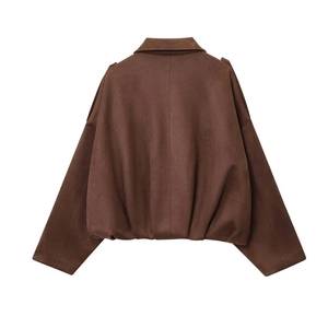 Dark brown suede-textured cropped jacket with retro dropped shoulders and epaulets