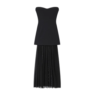 Robe Maxi Noire Sans Bretelles Encolure Coeur Patchwork En Maille Soirée Élégante Coupe Slim Pour Femmes