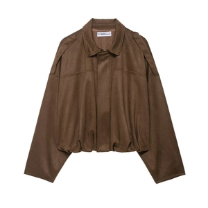 Dark brown suede-textured lapel bomber jacket with elastic hem for women