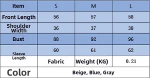 Detailed size chart for cashmere wool blend knit sweater showing dimensions in S M L