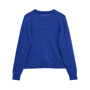 Back view of a minimalist navy blue cashmere wool blend knit sweater with ribbed cuffs