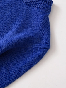 Close-up of Klein Blue cashmere wool knit sweater with ribbed neck texture