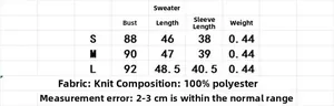 Size chart table for minimalist ribbed knit sweater showing S, M, L measurements
