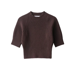 Detailed flat-lay of dark brown short-sleeve ribbed knit sweater with crew neck