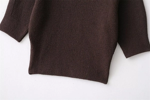 Close-up of dark coffee ribbed knit sweater showing elastic hem and cuff texture