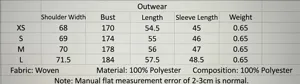 Detailed size chart for faux suede bomber jacket with measurements and material info