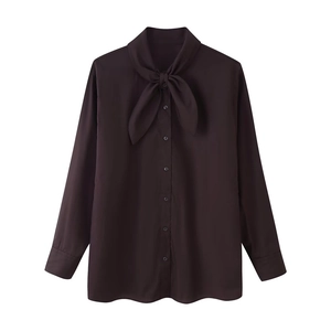 Elegant dark chocolate pussy-bow long sleeve poplin shirt for professional office attire