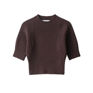 Women Casual Ribbed Knit Short Sleeve Sweater Round Neck Solid Color Minimalist Pullover Top Soft Slim Fit Fashion Knitwear