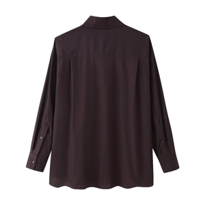 Classic dark brown poplin long sleeve shirt for women shown from the back view