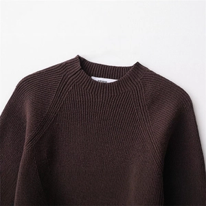 Fashionable dark brown ribbed knit sweater with classic crew neck and raglan sleeves