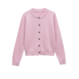 Gilet en laine mélangée rose pour femme avec col rond et boutons foncés